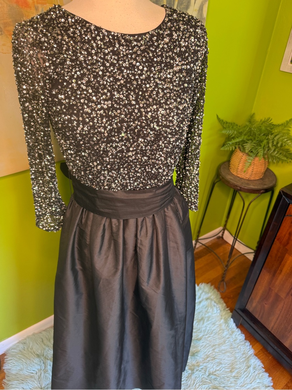 Pisarro Nights Black Sequin Bodice Satin A-Line Skirt
